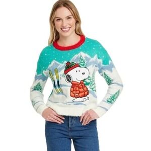 Peanuts Snoopy Ski Sweater Womens Small Teal Fuzzy Winter Holiday Christmas Knit